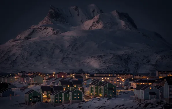 Winter, snow, mountains, night, lights, lake, home, Greenland