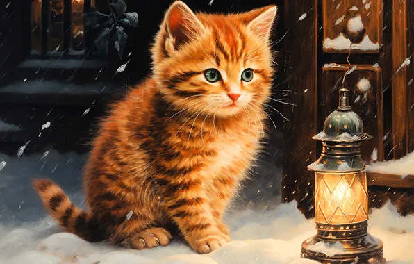 Winter, cat, look, light, snow, night, pose, house