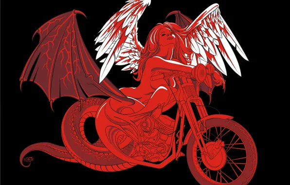 Picture girl, wings, vector, motorcycle