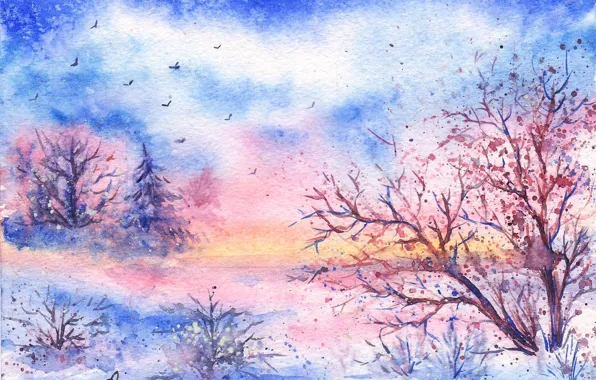 Picture winter, snow, trees, birds, watercolor, painted landscape