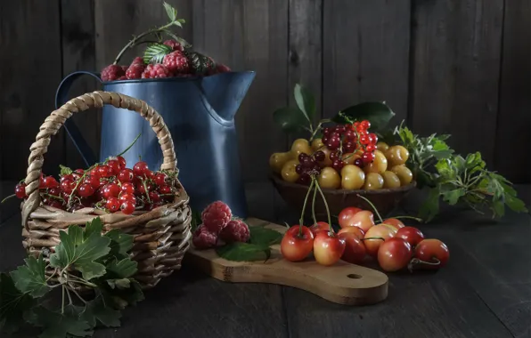 Leaves, berries, raspberry, table, Board, lake, still life, basket