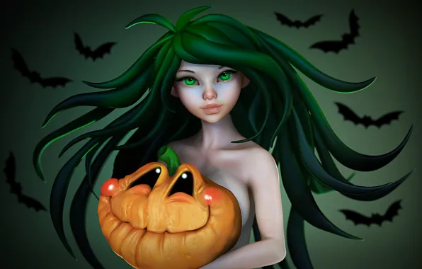Girl, mood, holiday, art, pumpkin, bat, Halloween, Olya Anufrieva