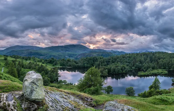 Forest, mountains, lake, stone, England, panorama, England, The lake district