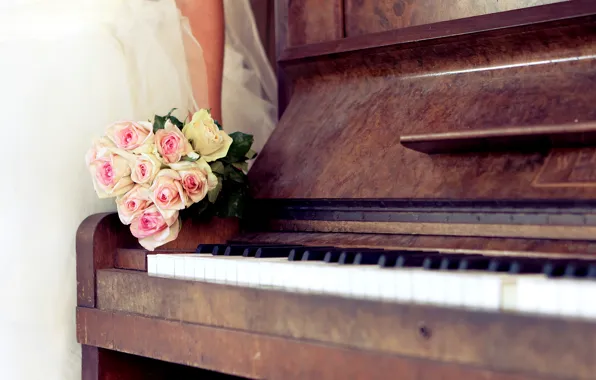 Roses, bouquet, dress, piano, wedding