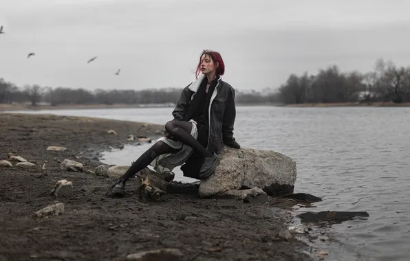Girl, trees, landscape, birds, pose, river, model, portrait