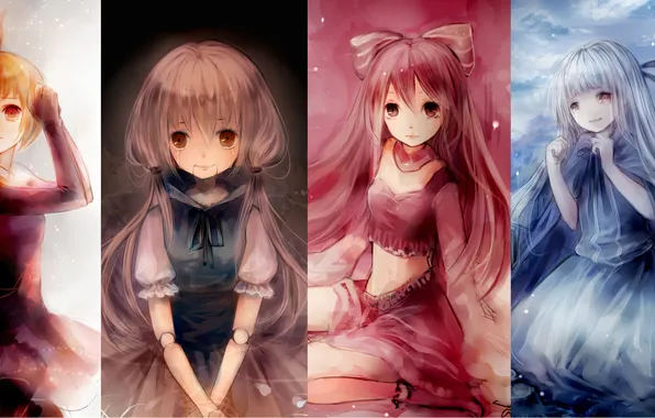 Picture the sky, clouds, girls, doll, anime, tears, art, bow