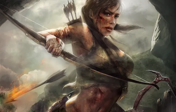 Girl, blood, bow, art, Tomb Raider, arrows, lara croft, kirk