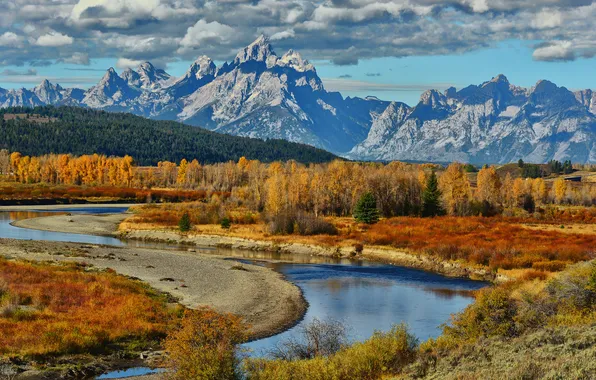 Picture autumn, the sky, clouds, trees, mountains, river