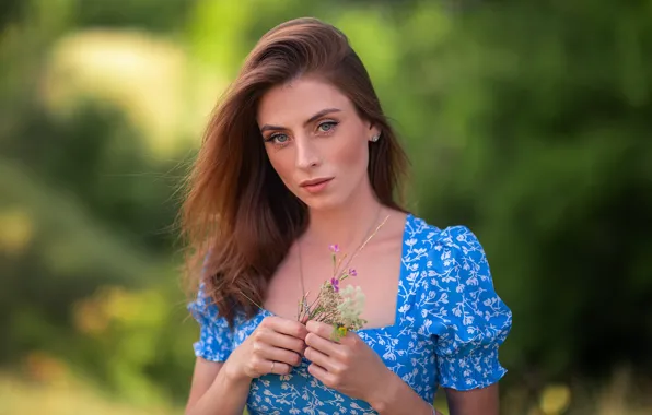 Look, girl, flowers, face, background, portrait, hands, Hope