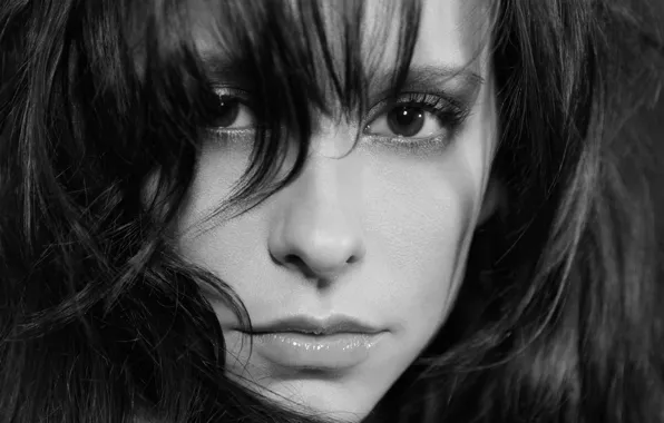 Eyes, look, girl, face, hair, black and white, actress, lips