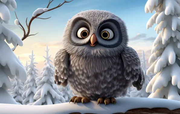 Winter, forest, the sky, look, snow, branches, owl, bird