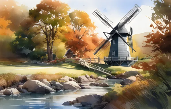Forest, trees, river, stones, mill, the bridge, Bank, windmill