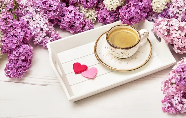 Flowers, flowers, lilac, romantic, hearts, coffee cup, lilac, a Cup of coffee