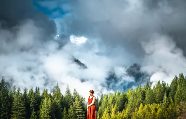 Forest, the sky, girl, clouds, Lizzy Gadd, Beauty of the Forest