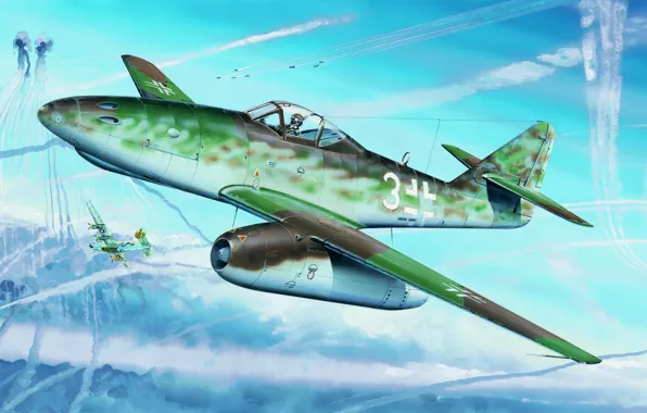 Picture aviation, ww2, German Fighter, Messerschmitt Me262A1a, painting.jet, war, art