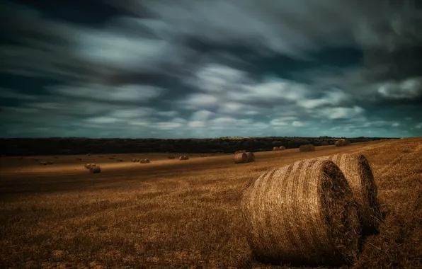 Field, autumn, the sky, landscape, clouds, nature, stack, hay
