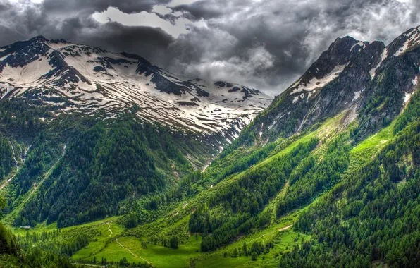 The sky, trees, mountains, clouds, rocks, Switzerland, valley, Alps