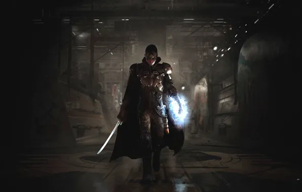Picture sword, mask, armor, fighter, cloak, current, Focus Home Interactive, The Technomancer