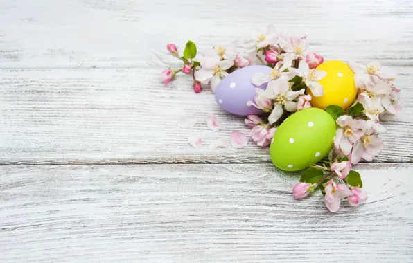 Flowers, eggs, spring, colorful, Easter, happy, wood, blossom