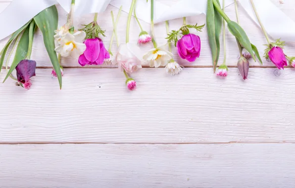 Flowers, bouquet, spring, colorful, tulips, buds, wood, pink