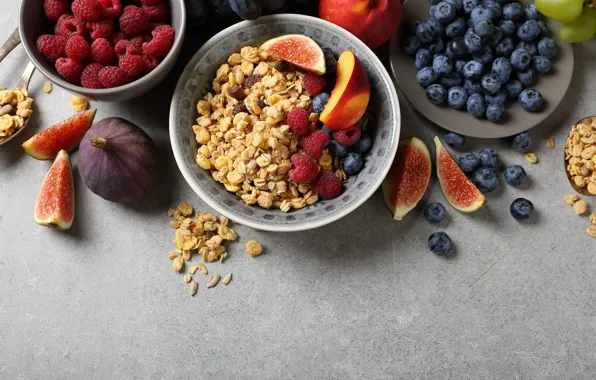 Raspberry, Breakfast, fruit, peach, cereal, blueberries, figs