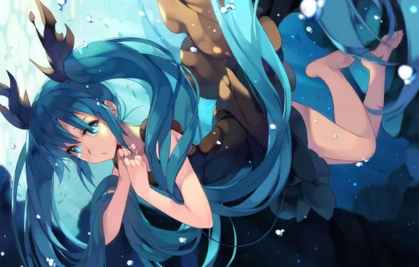 Girl, bubbles, anime, art, vocaloid, hatsune miku, under water, deep-sea girl