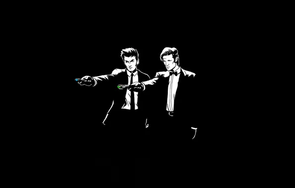 Picture art, costume, parody, black and white, black background, Doctor Who, men, Doctor Who