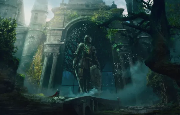Sword, fantasy, armor, trees, weapon, castle, gates, digital art