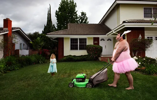 House, lawn, man, the situation, rabbit, girl, outfit, lawnmower