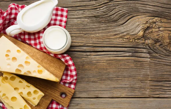 Board, food, towel, cheese, milk, Bank, pieces, pitcher