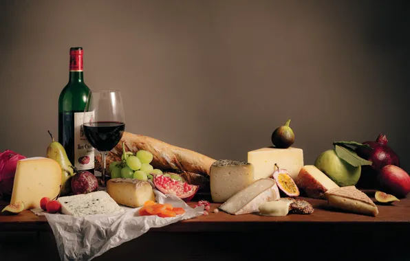 Wine, glass, cheese, grapes, pear, garnet, figs, dried apricots