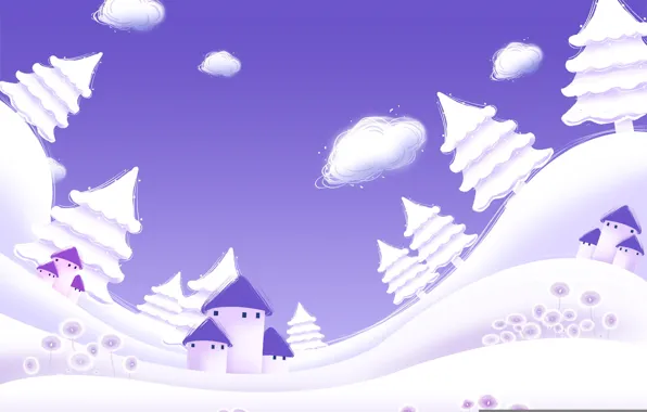 Winter, purple, clouds, snow, tree, vector