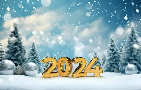 Winter, snow, balls, tree, New Year, Christmas, figures, golden