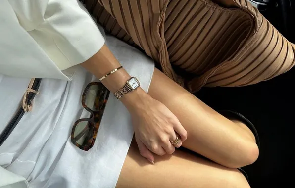 Girl, watch, ring, bracelet, handbag, white dress, slender legs