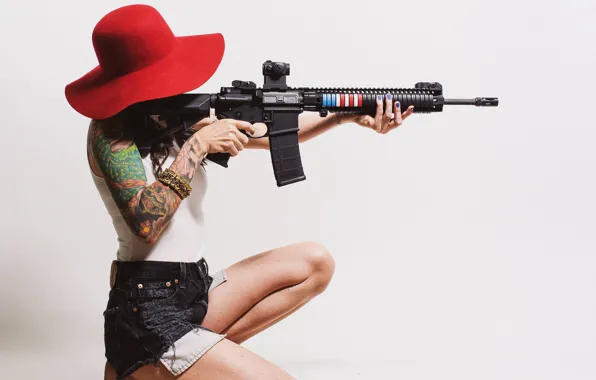 Picture girl, hair, hat, rifle, tattoo, assault