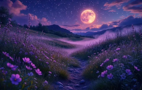 Flowers, night, the moon, AI art, neural network