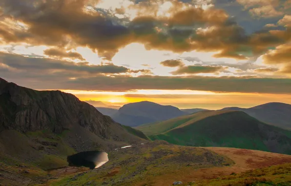 The sky, color, the sun, clouds, light, landscape, mountains, clouds