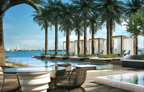 Beach, the city, palm trees, the ocean, pool, Miami, Biscayne Beach