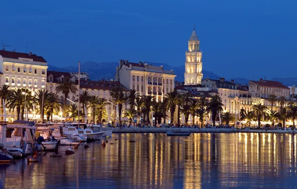 Palm trees, building, Bay, boats, night city, boats, promenade, Croatia
