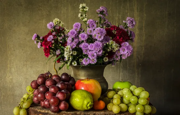 Picture flowers, apples, bouquet, grapes, fruit, still life, pear, flowers