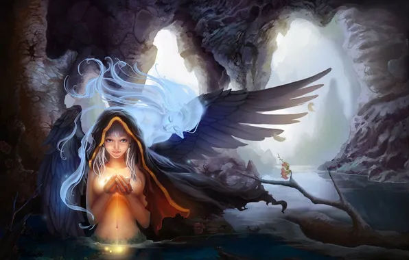 Flower, water, girl, magic, wings, spirit, art, hood