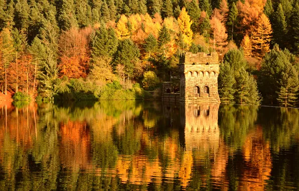 Autumn, forest, water, lake, reflection, river, Marina, fortress