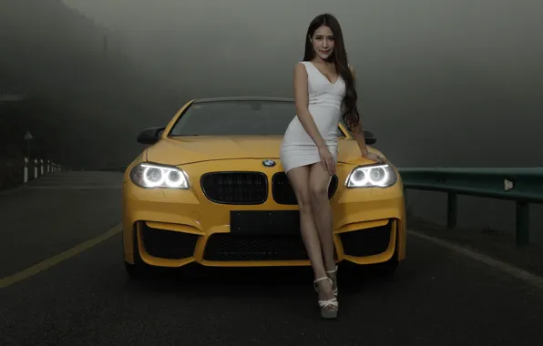 Look, Girls, BMW, Asian, beautiful girl, yellow car