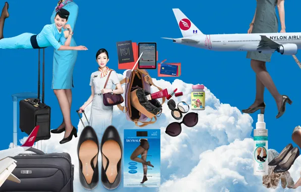 Ipad, airplane, shoes, cosmetics, pantyhose, uniform, nylon, lipstick