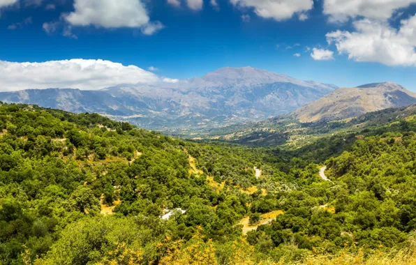 Forest, the sky, clouds, mountains, island, Greece, Crete, Crete