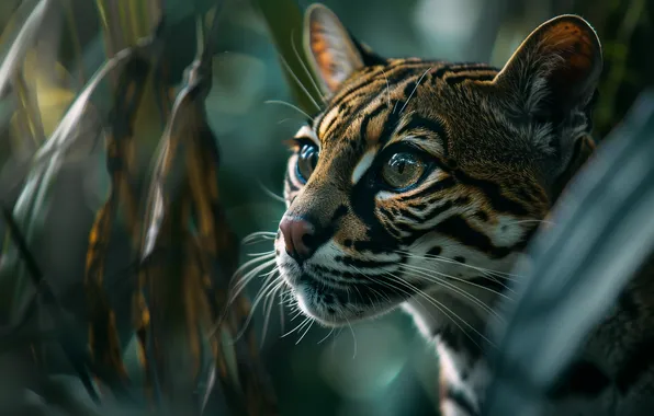 Look, face, branches, portrait, wild cat, bokeh, ocelot, AI art