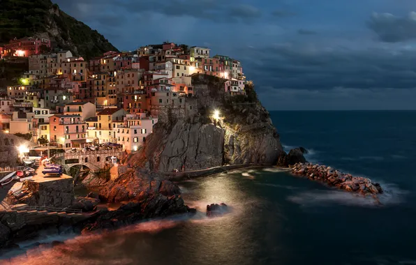 Sea, landscape, night, nature, rock, home, lighting, Italy