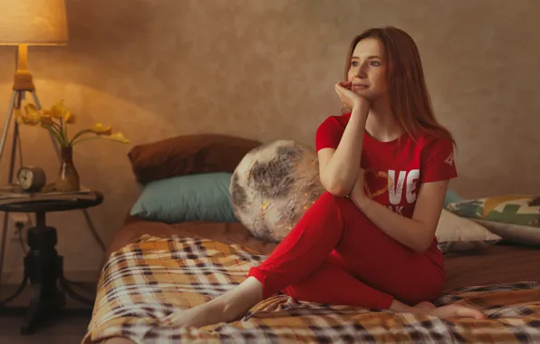 Girl, pose, bed, red, redhead, Ivan Losev