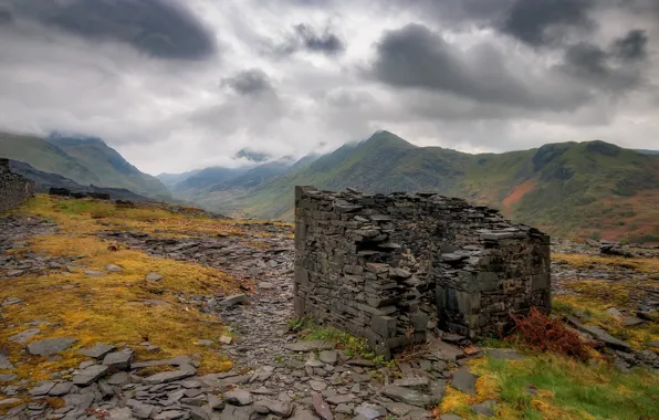 Clouds, mountains, ruins, Wales, quarry Dinorwic