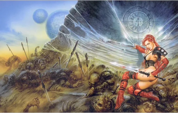 Girl, sword, art, bones, warrior, corpses, Luis Royo, skeletons